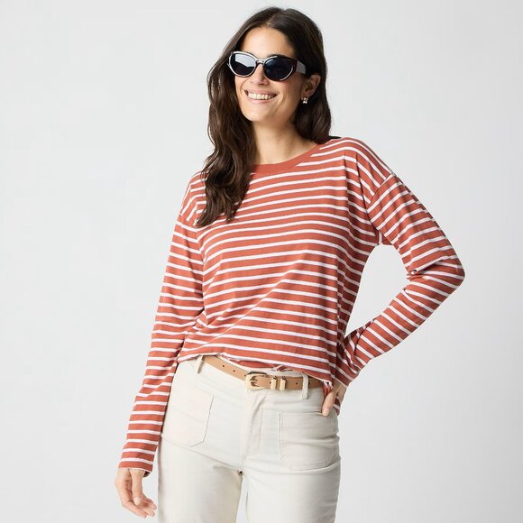 NWT J. Crew Factory Long Sleeve Crewneck Striped Tee, Size Medium, Red/White - Picture 1 of 11